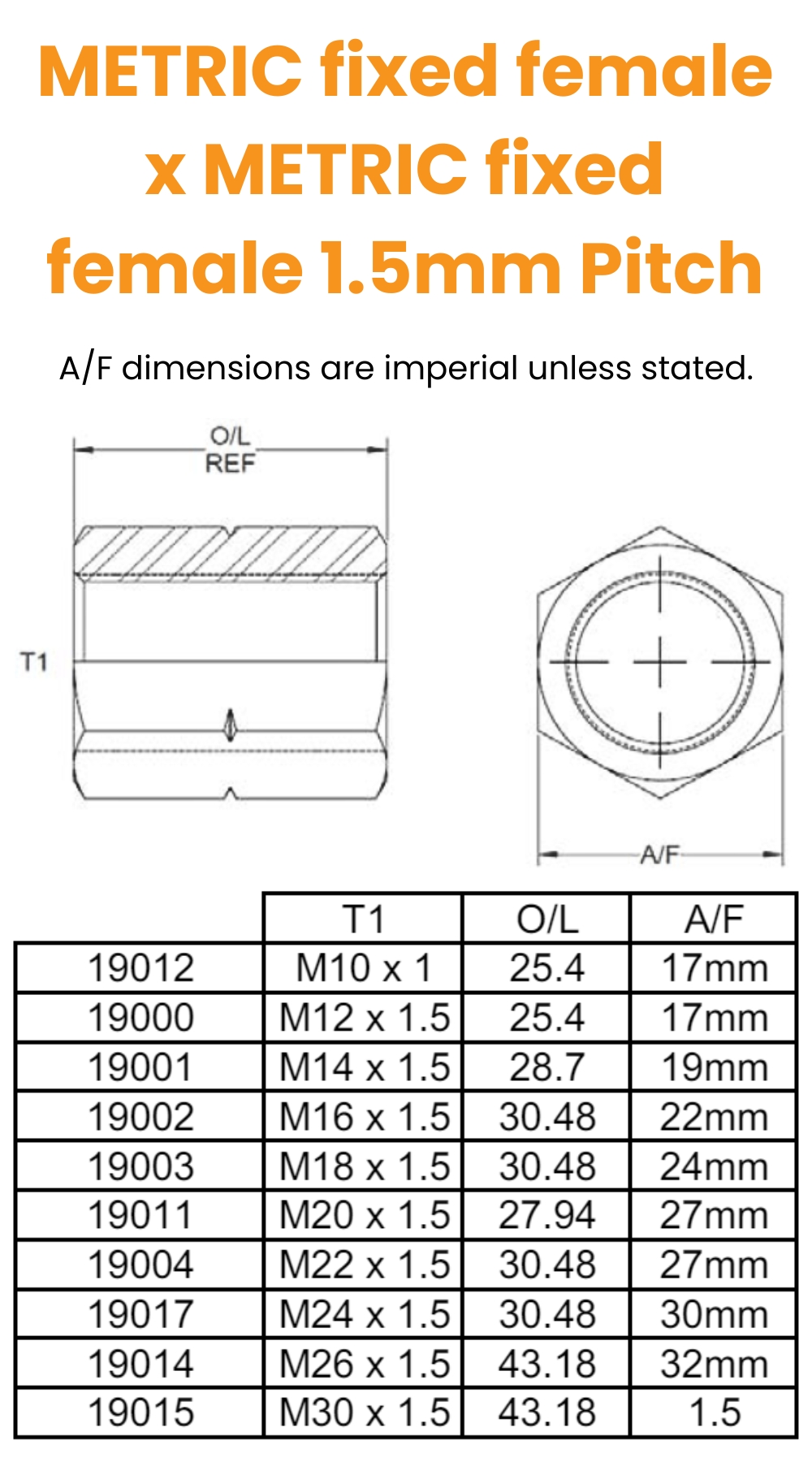 M10 Fixed Fem/Fem 1mm Pitch Hydraulic Adaptor